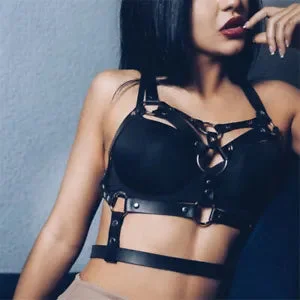 pornhint Pornhint Punk Cupless Bra Top Leather Harness Belt Body Bondage Chest Straps Black Studde
