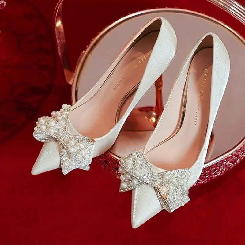 Zhungei Pearl Bowknot Wedding Bridal Shoes for Women 2024 Sexy Pointed Toe Stiletto Heel Pumps Woman Beige Satin High Heels Shoes
