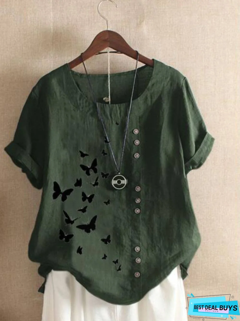 Printed Short Sleeve Animal Cotton-Blend Vintage Tops