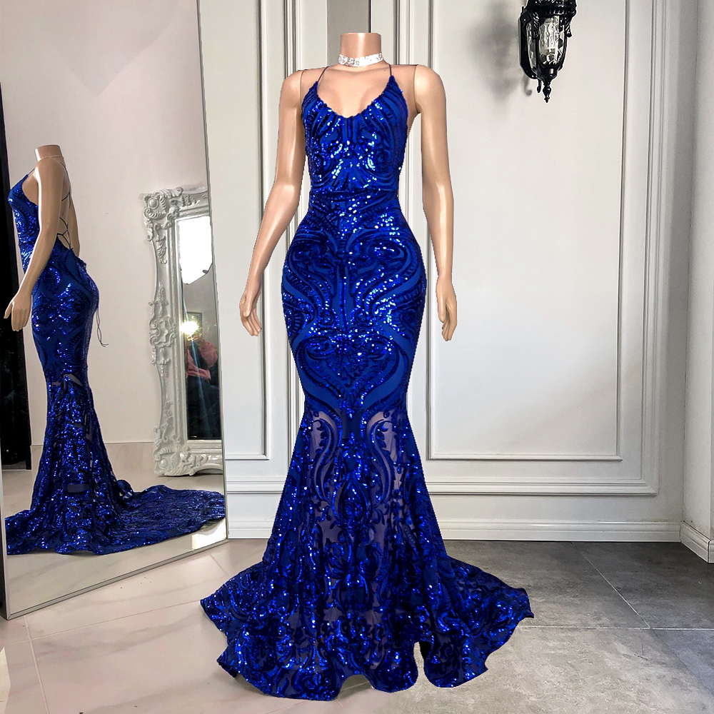 Daisda Mermaid Spaghetti Straps Royal Blue Long Prom Dress With Sequins 