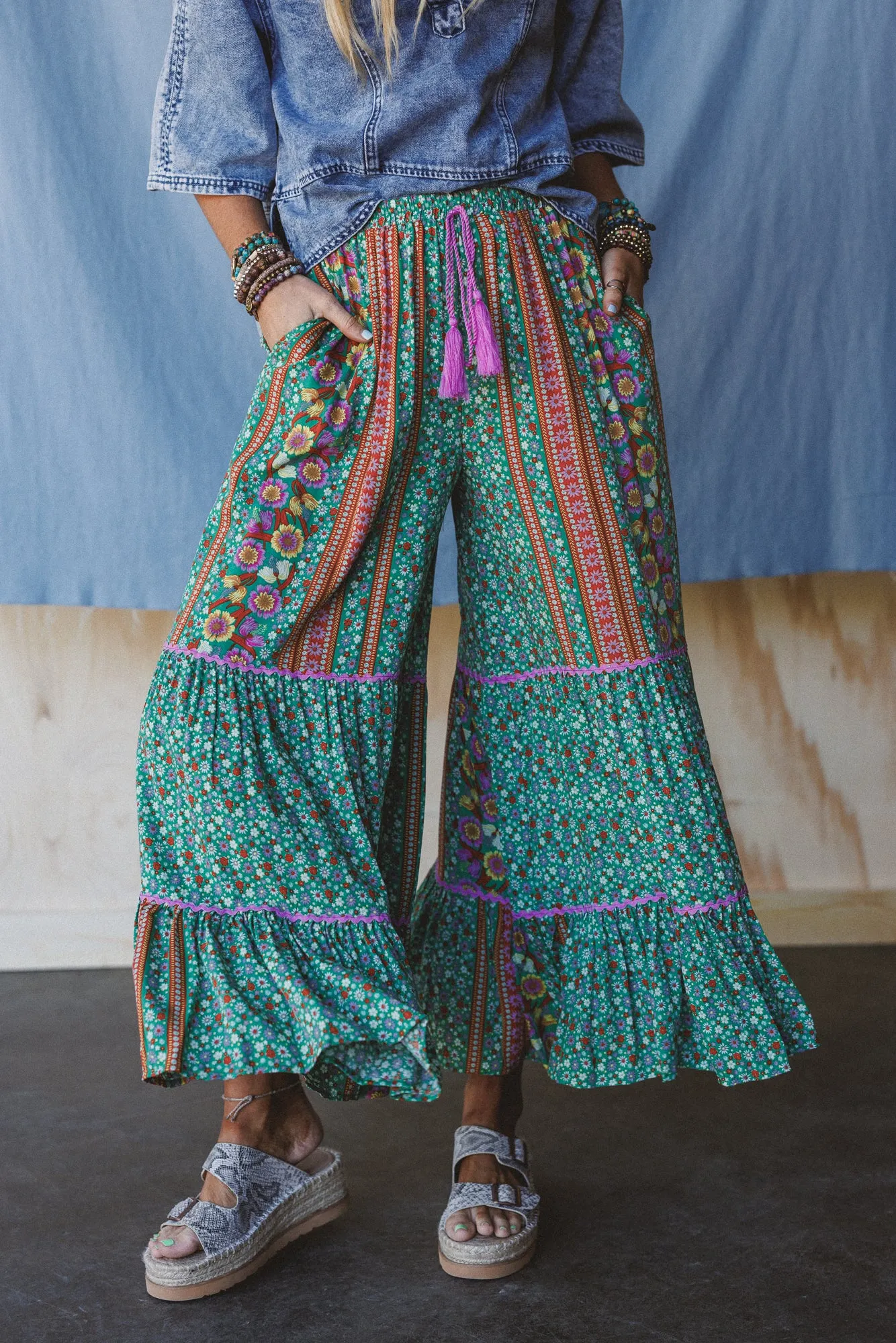 Kate Printed Wide Leg Pants - Sage
