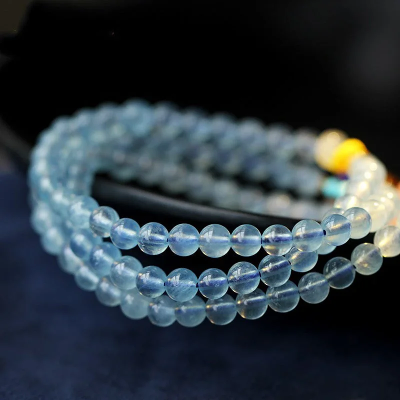 Natural Aquamarine Amber Flower Cheongsam Charm Healing Bracelet