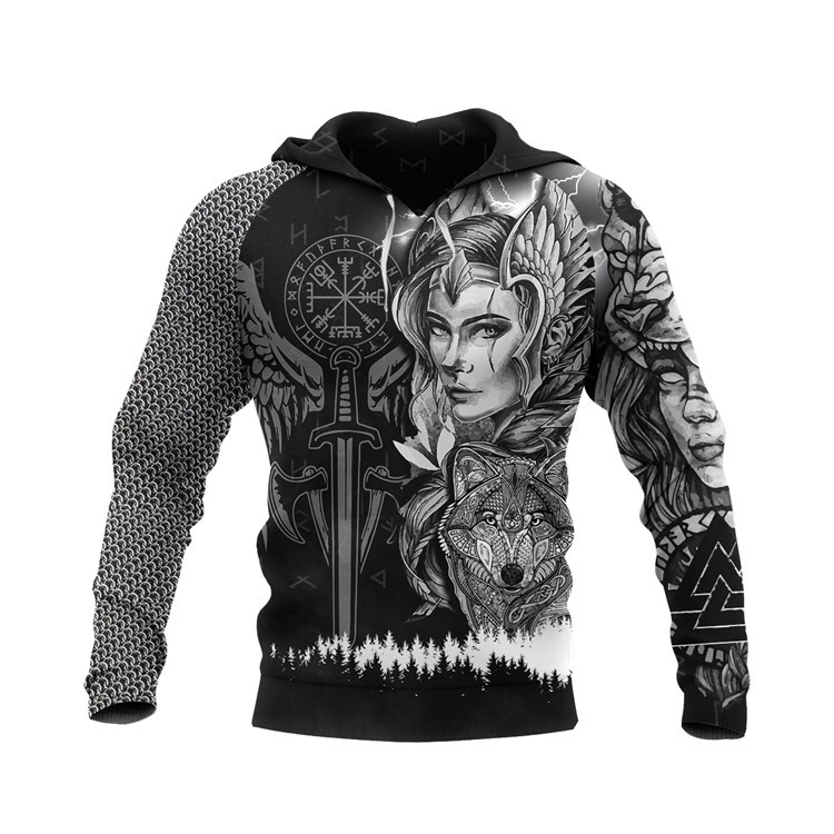 3D Printed Viking Goddess and Wolf Hooded Sweatshirt - Unique Nordic Mythology Design
