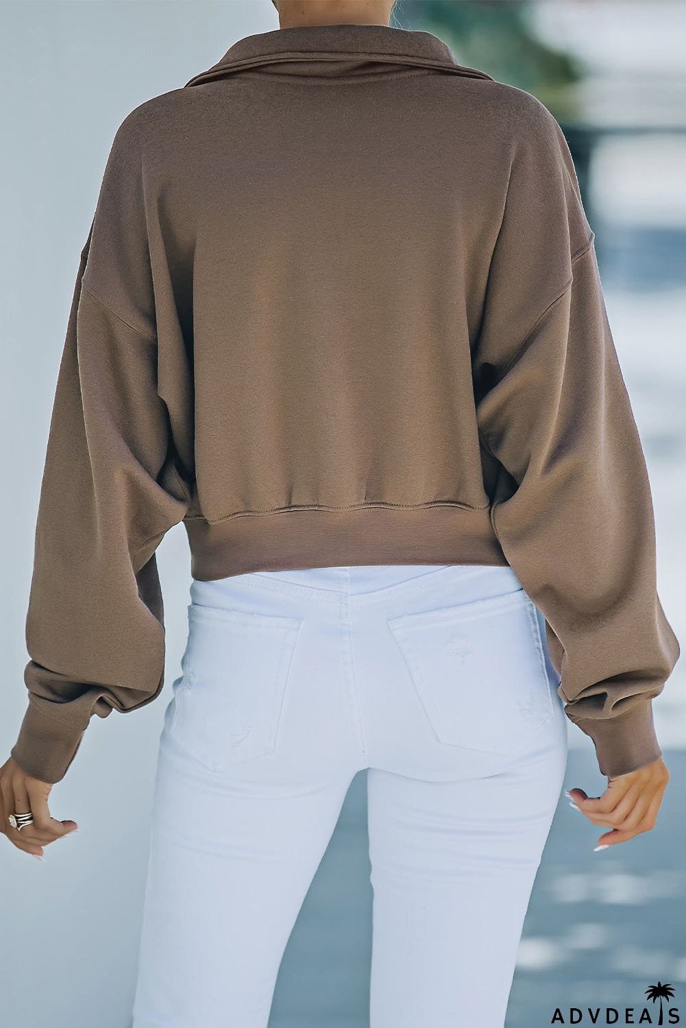 Zipped Turn Down Collar Cropped Sweatshirt with Pocket