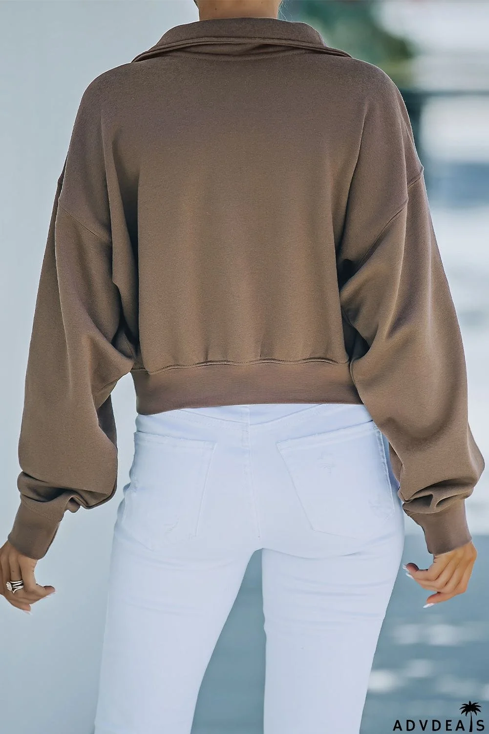 Zipped Turn Down Collar Cropped Sweatshirt with Pocket