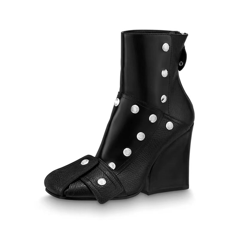 Color Matching Studded Wedge Heel Square Head Back Zipper Large Size Ankle Boots-PABIUYOU- Women's Fashion Leader