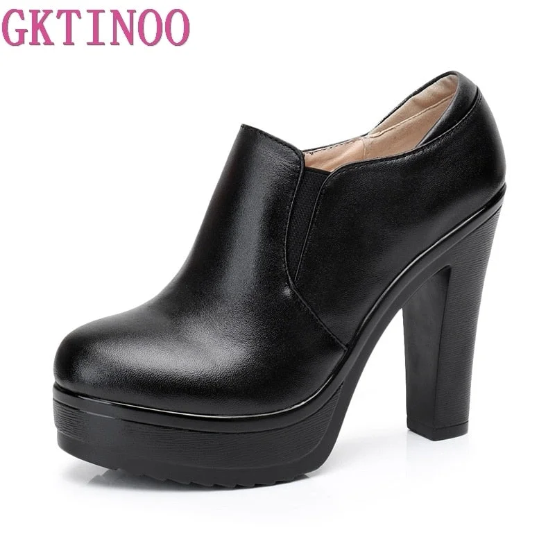 GKTINOO 2022 Round Toe Genuine Leather Women's Shoes Women Fashion High Heels Autumn Winter Ankle Boots Black Plus Size 33-43