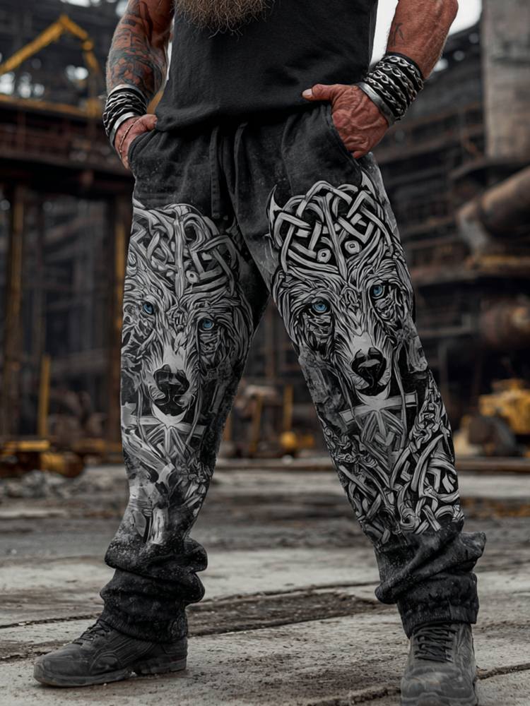 Men's Retro Viking Wolf Head Pattern Printed Casual Sweatpants elevenforest