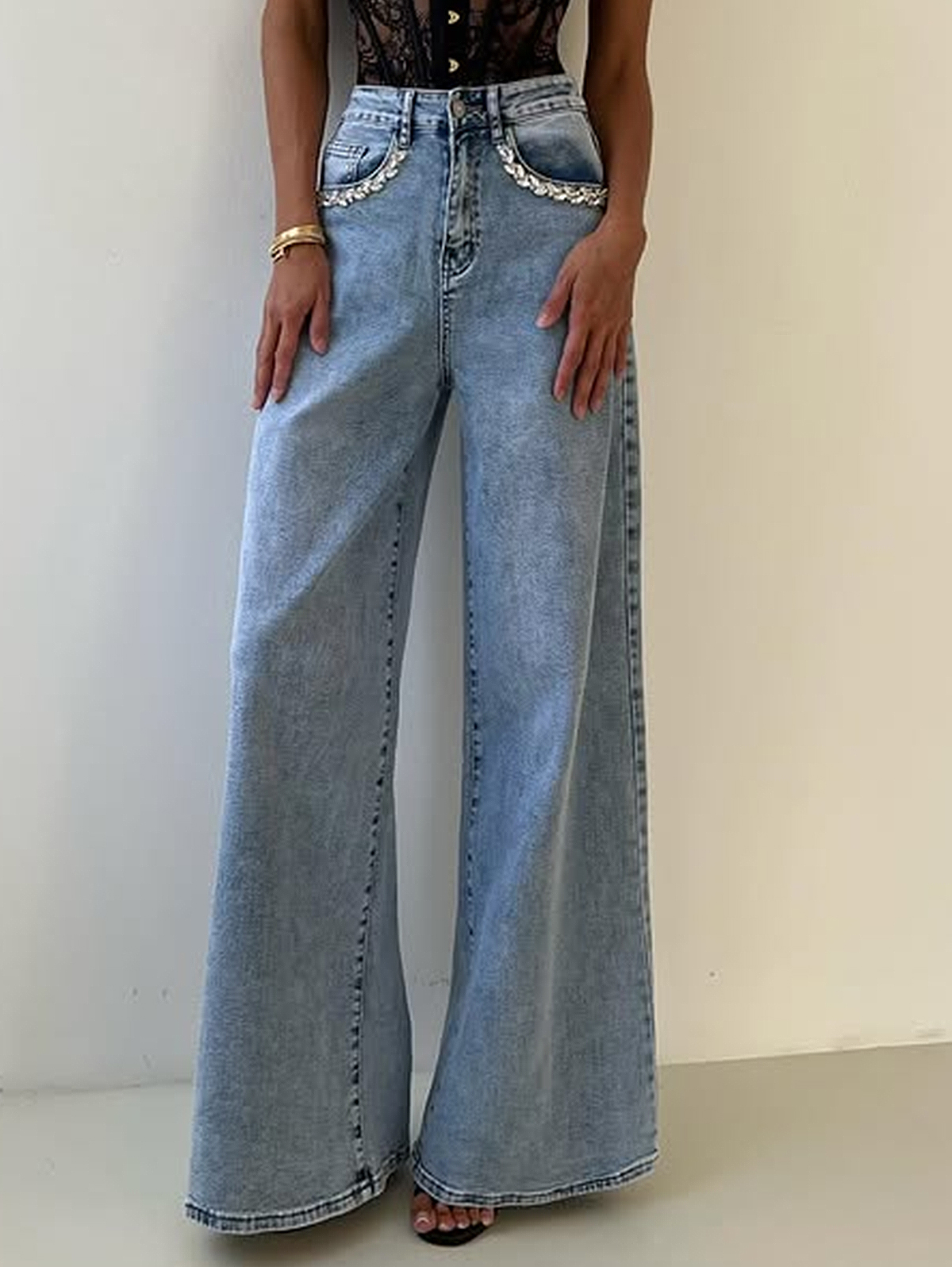 Casual High Rise Rhinestone Decor Wide Leg Denim Jeans