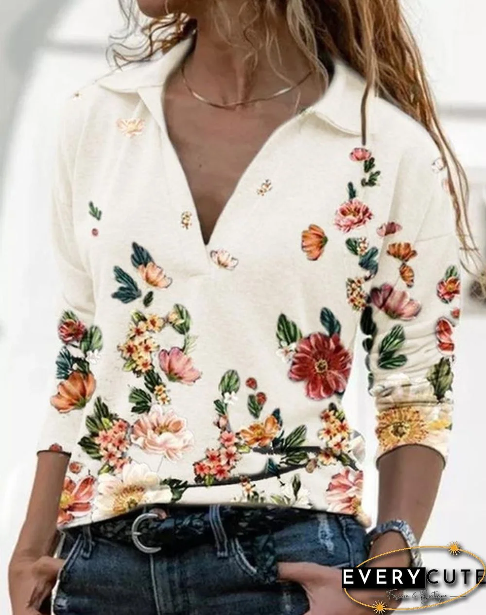 Spring and Autumn Casual Floral Printed Tops Women Fashion Stand Collar Long Sleeve Shirt Pullover Slim Fit Blouses