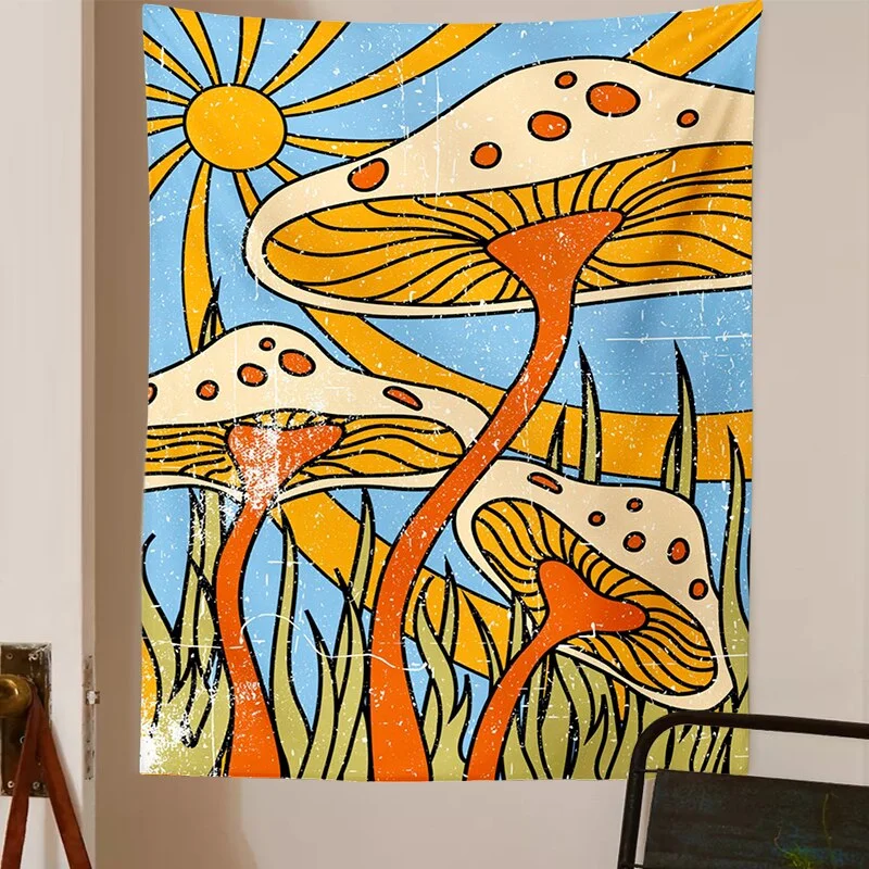 70s Mushroom Tapestry Wall Hanging Never Stop Growing Retro 70s Sun and Moon Wall Art Moon Groovy Decor Mushroom Decor hippie