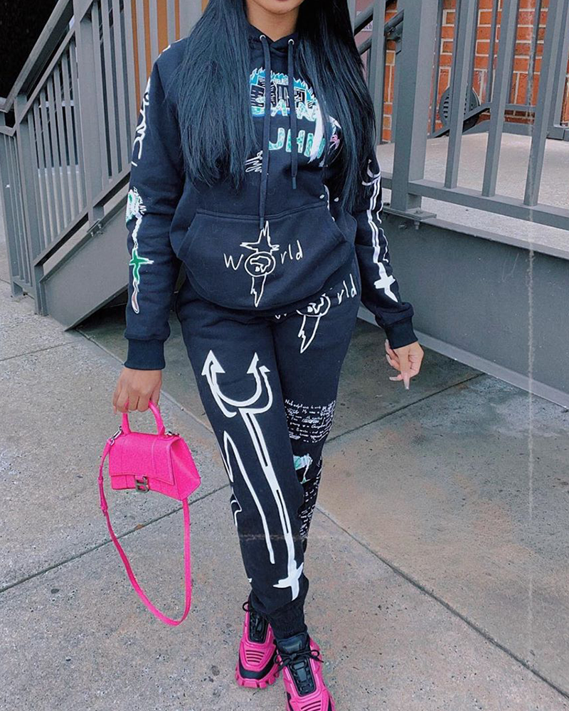 Graffiti Print Hooded Long Sleeve Top & Pants Set