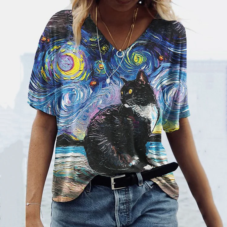Vefave Cat Oil Painting V-Neck T-Shirt