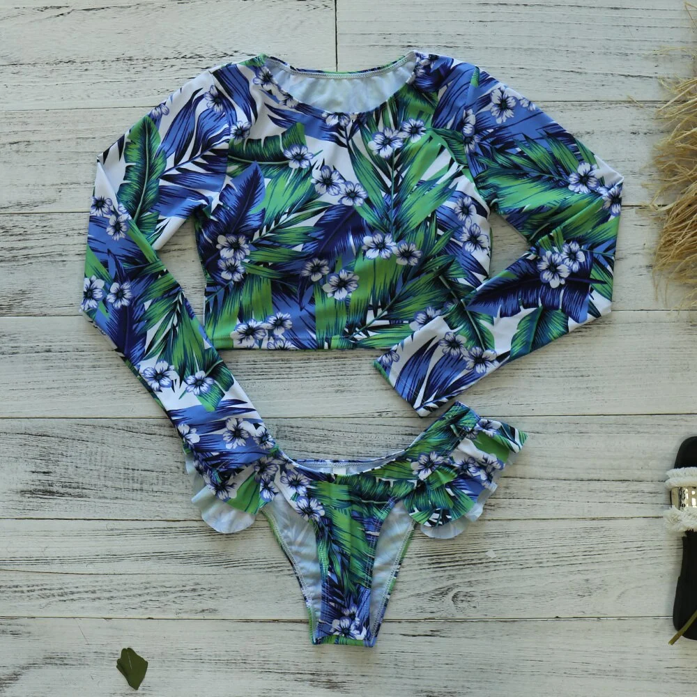 2020 New Sexy Long Sleeve Bikinis Women Swimsuit Green Leaves Print Bathing Suits Beachwear Brazilian Bikini Set Biquini Female