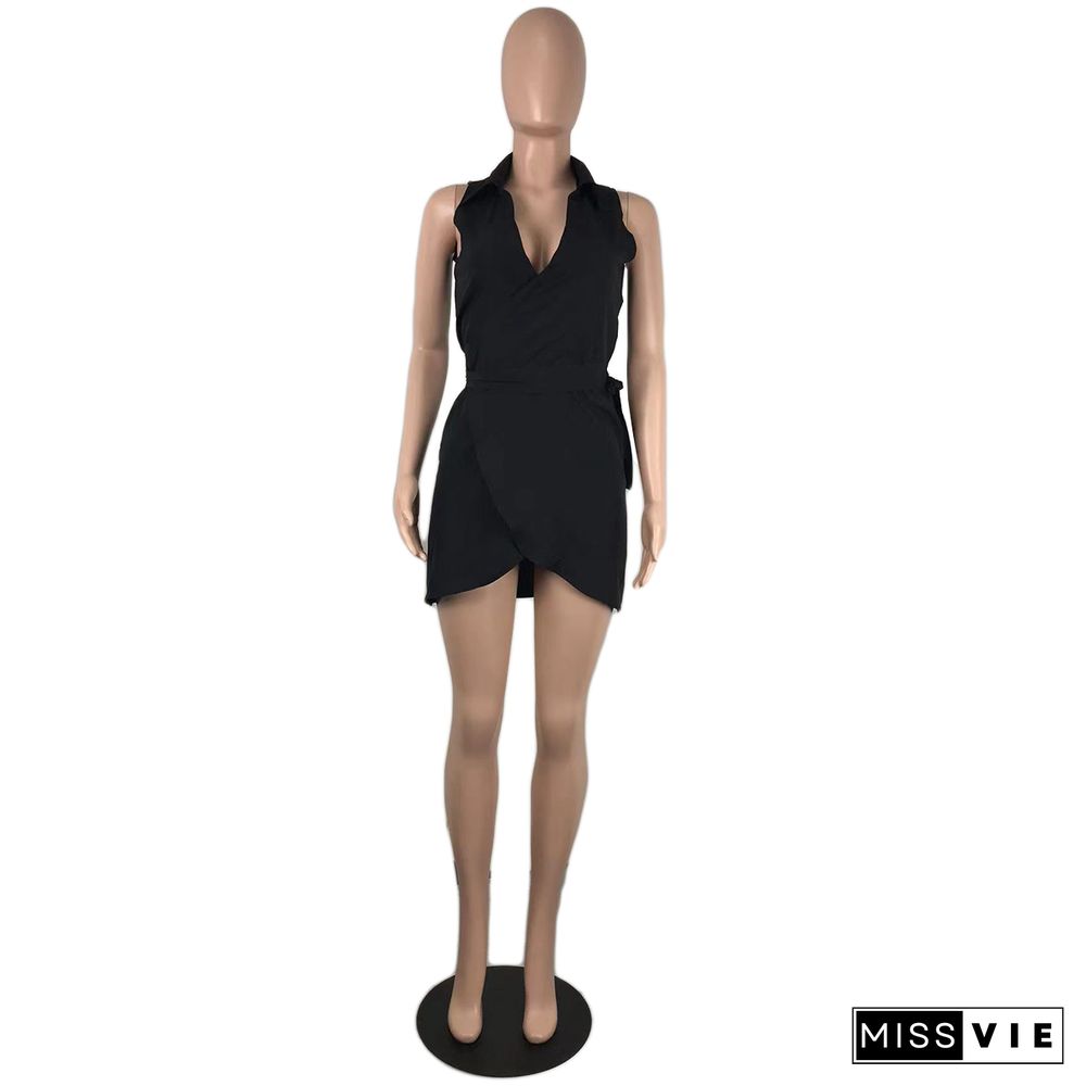 Turn Down Collar Sleeveless Lace Up Elegant Dress