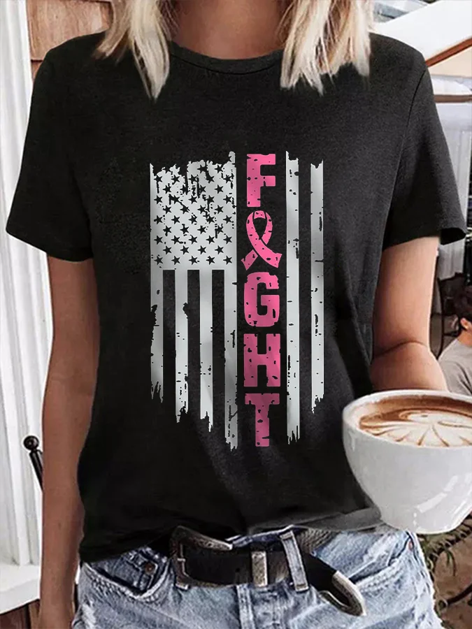 Faith Love Hope Breast Cancer Awareness Pink Ribbon American Flag Casual Print T-Shirt