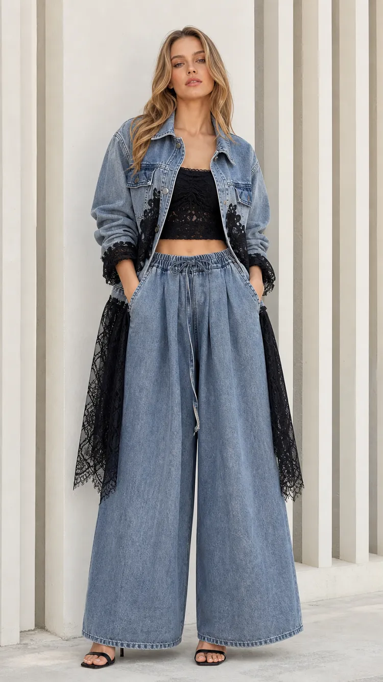 Women's Lace Trim Denim Jacket and Wide-Leg Pants Two-Piece Set