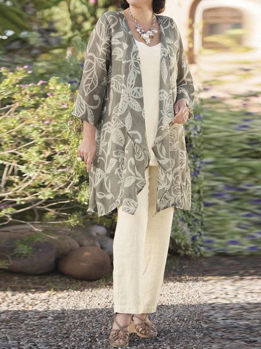 Three-Piece Elegant Retro Floral Coat Top Pants