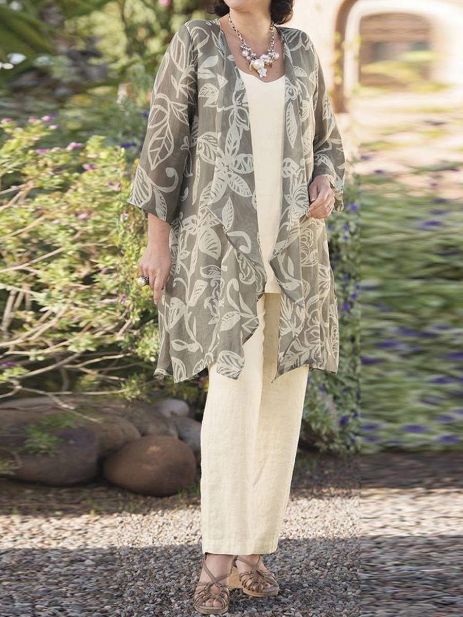 Three-Piece Elegant Retro Floral Coat Top Pants