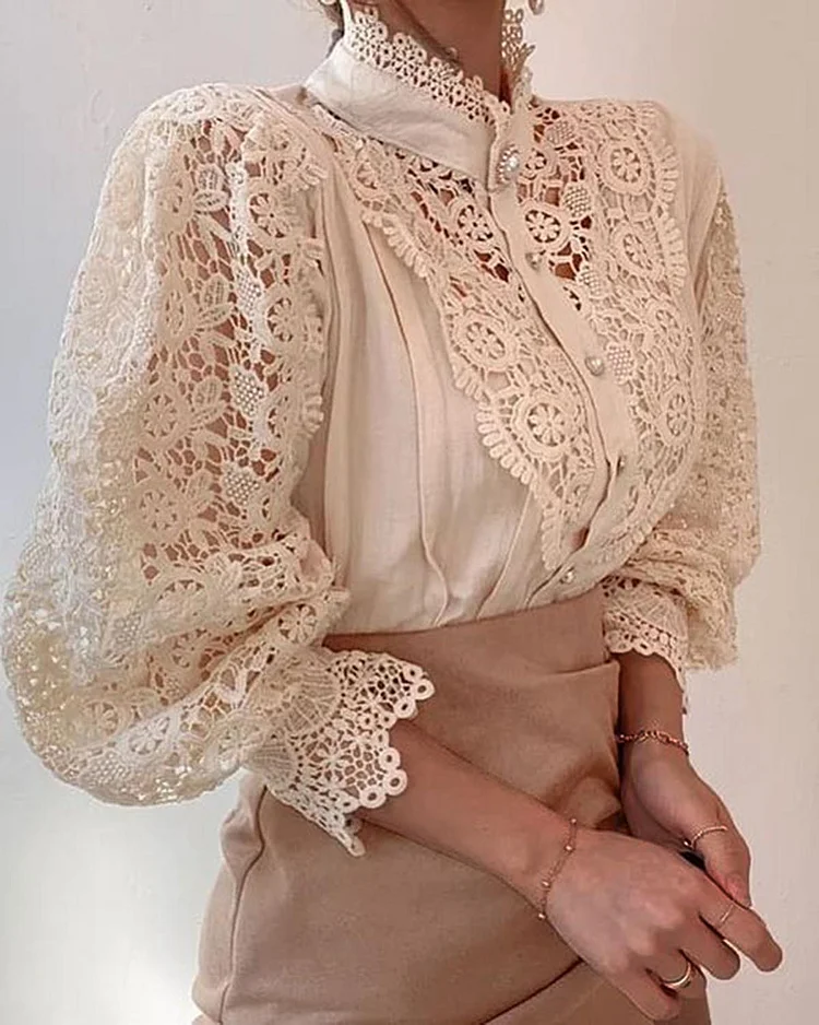 Vacation Casual Solid Hubble-Bubble Sleeve Lace Blouse Shirt