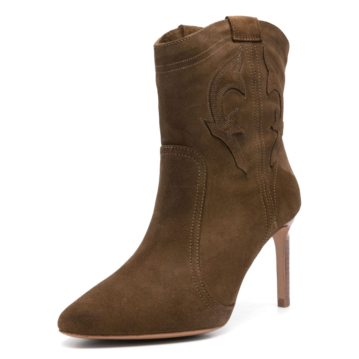Vegan Suede Stitching Pointed Toe Stiletto heeled Ankle Boots in Brown Nicepairs