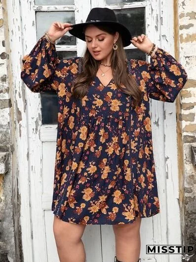 Plus Size Floral V-Neck Balloon Sleeve Dress