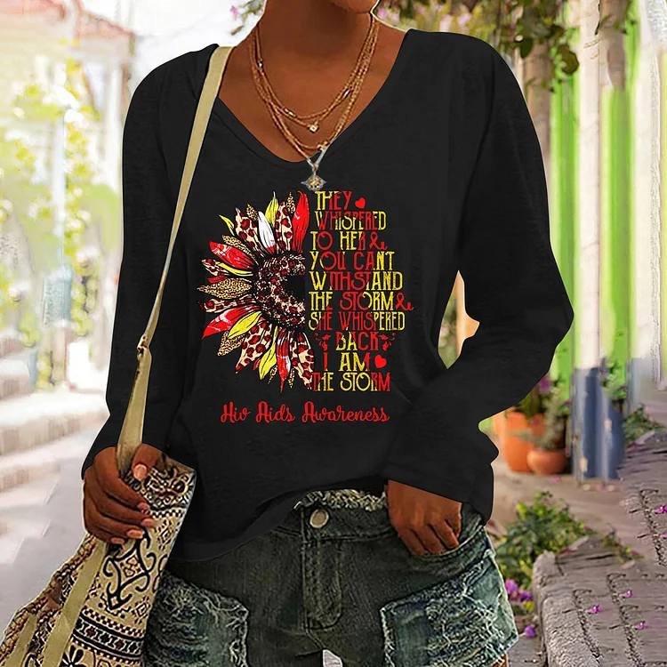 Wearshes HIV AIDS AWARENESS Printed V Neck Long Sleeve Casual T-Shirt