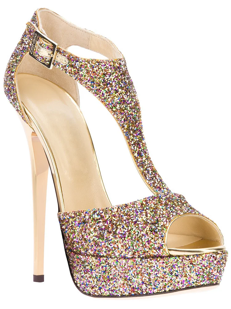 Sparkly Glitter T-strap Stiletto Heels Platform Sandals Vdcoo