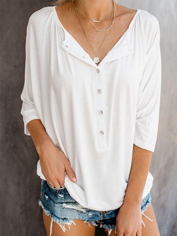 Casual V-Neck 3/4 Sleeve Solid Plus Size Tops