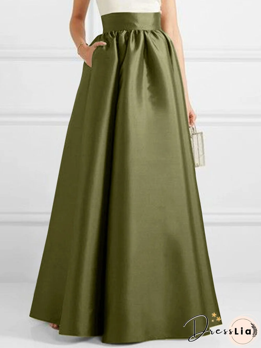 High Waist A-line Solid Satin Pocket Swing Skirt