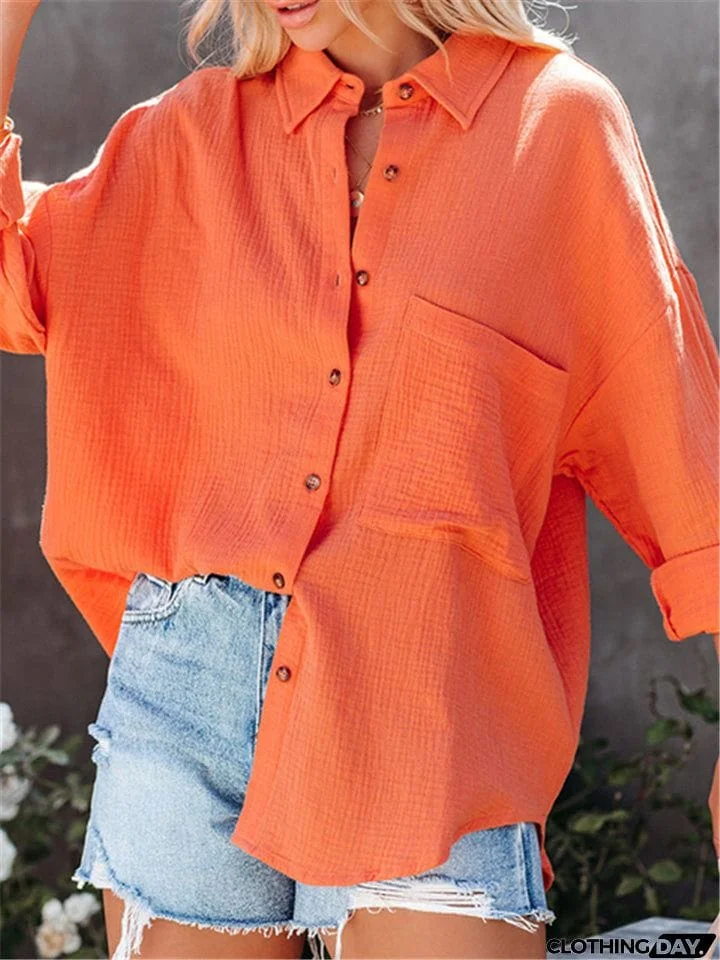 Women Lapel Buttons Long Sleeve Blouses With Pocket