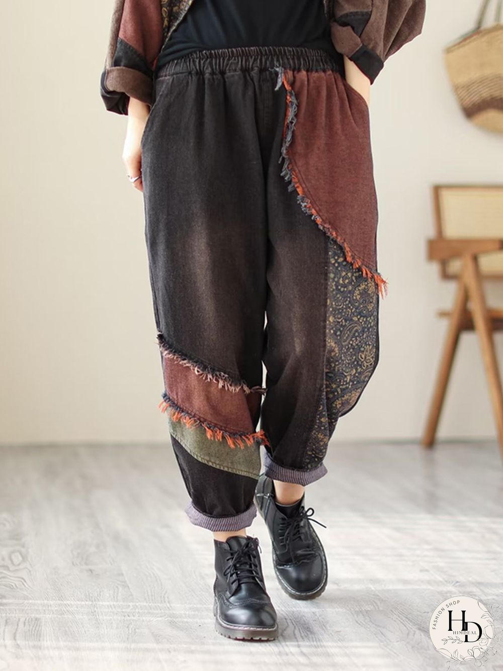 Contrast Color Fringed Split-Joint Long Sleeves Printed Outwear Harem Pants Two Pieces Set