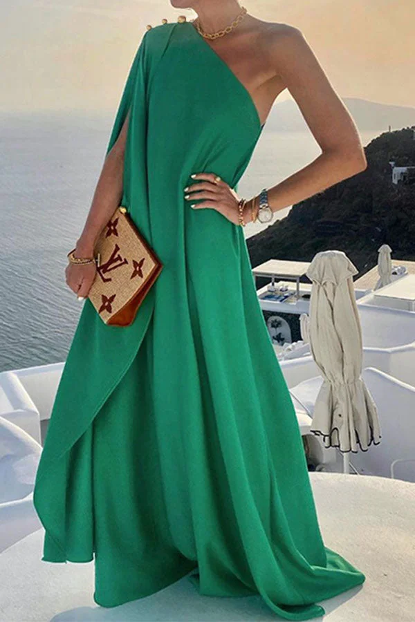 Solid Color Chic One Shoulder Flowy Maxi Dress