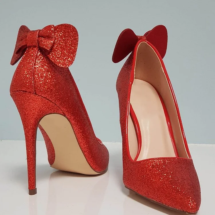 Red Bow Glitter Shoes Stiletto Heel Pointed Toe Pumps |FSJ Shoes