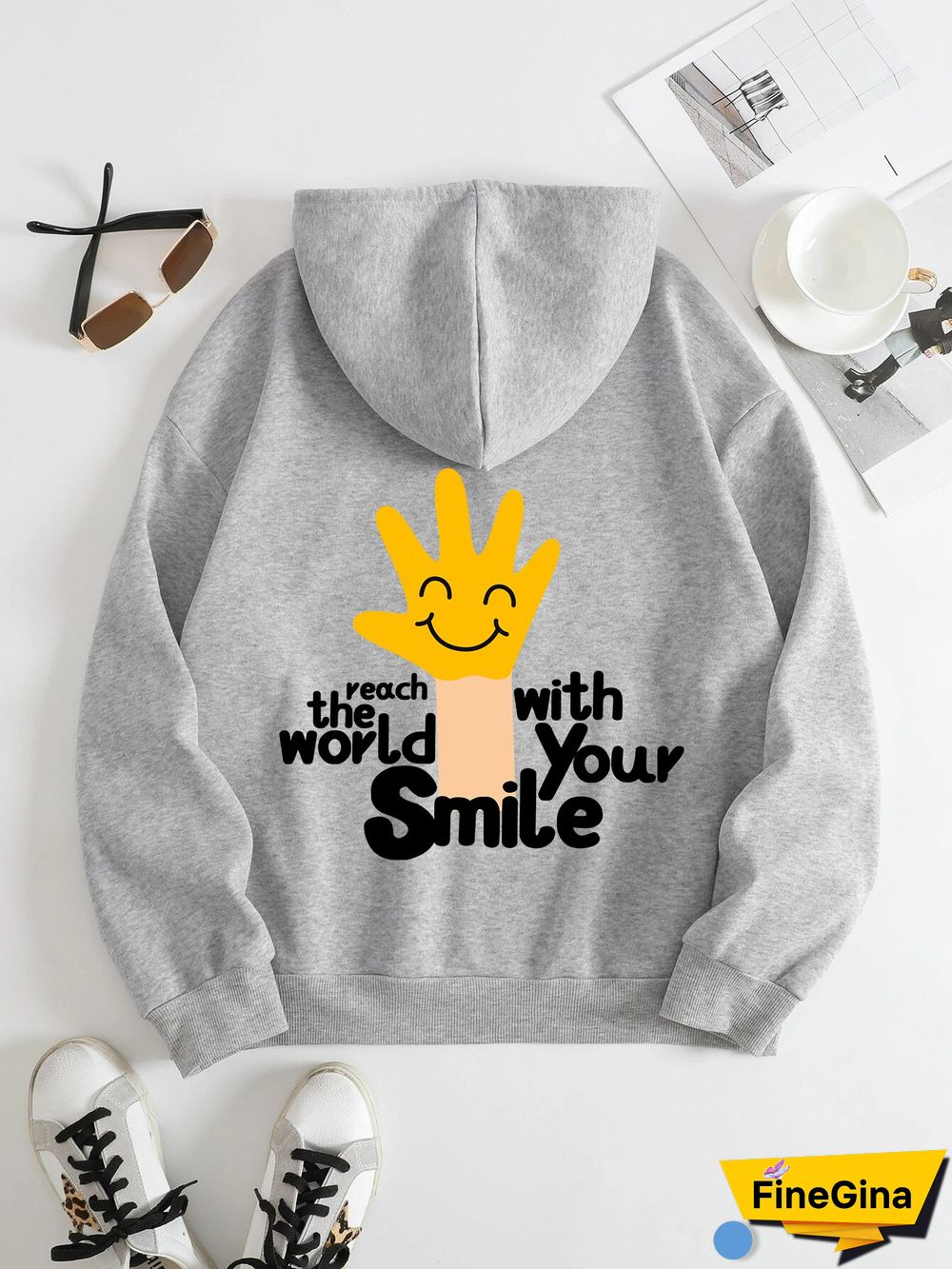 Printed on the Back Kangaroo Pocket Hoodie Long Sleeve for Women Pattern Touch the World with Your Smile