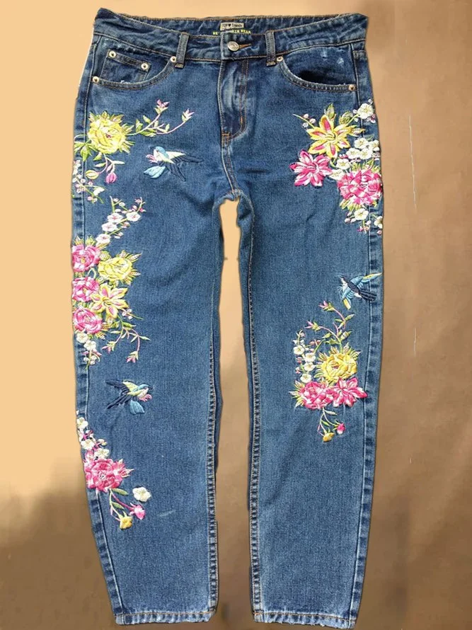 Casual Plus Size Embroidery Denim Pants