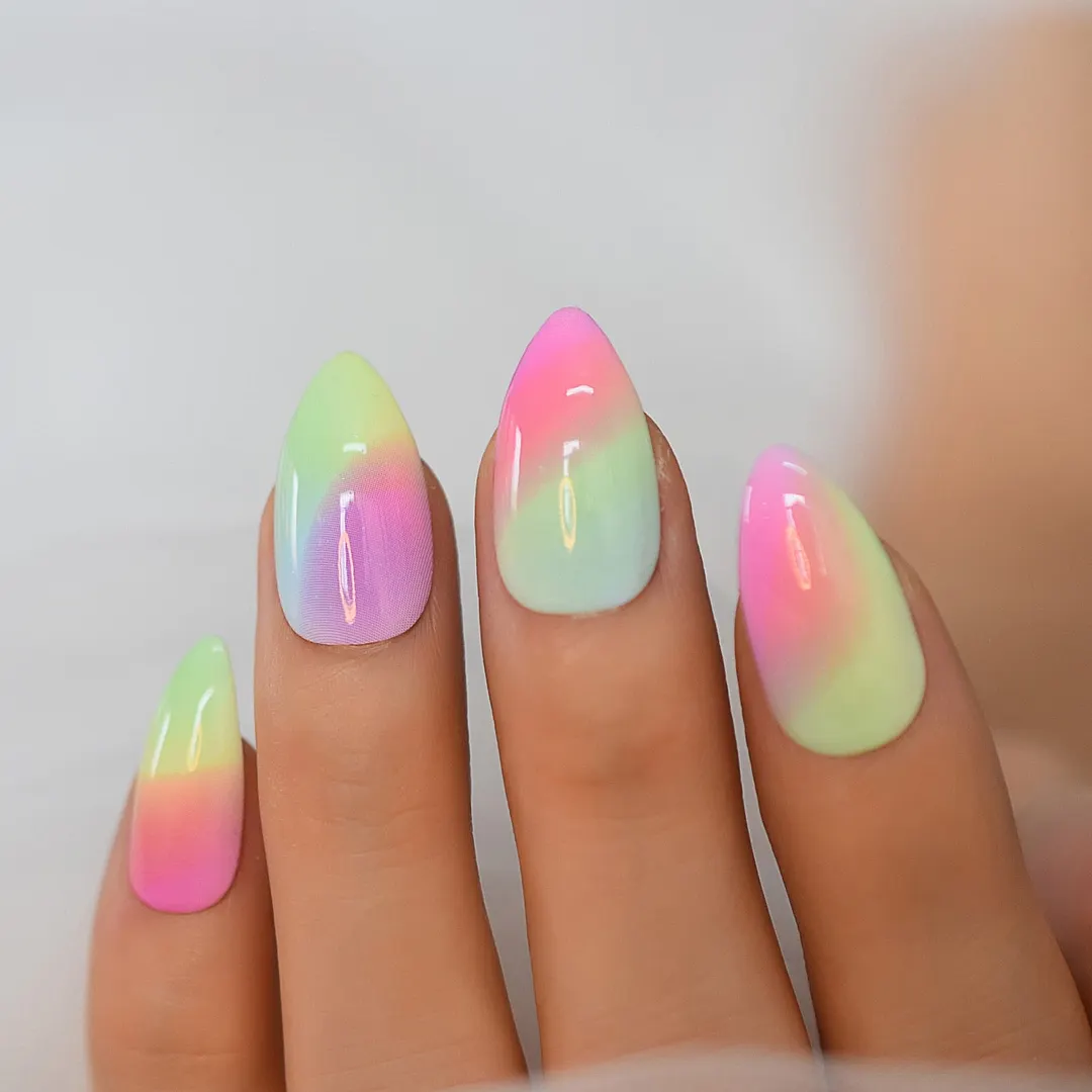 Cute Shape Fake Nails With Designs Short  Artificial Stiletto Almond Press On Nails Manicure Rainbow False Nail Tips-Nail Inspo