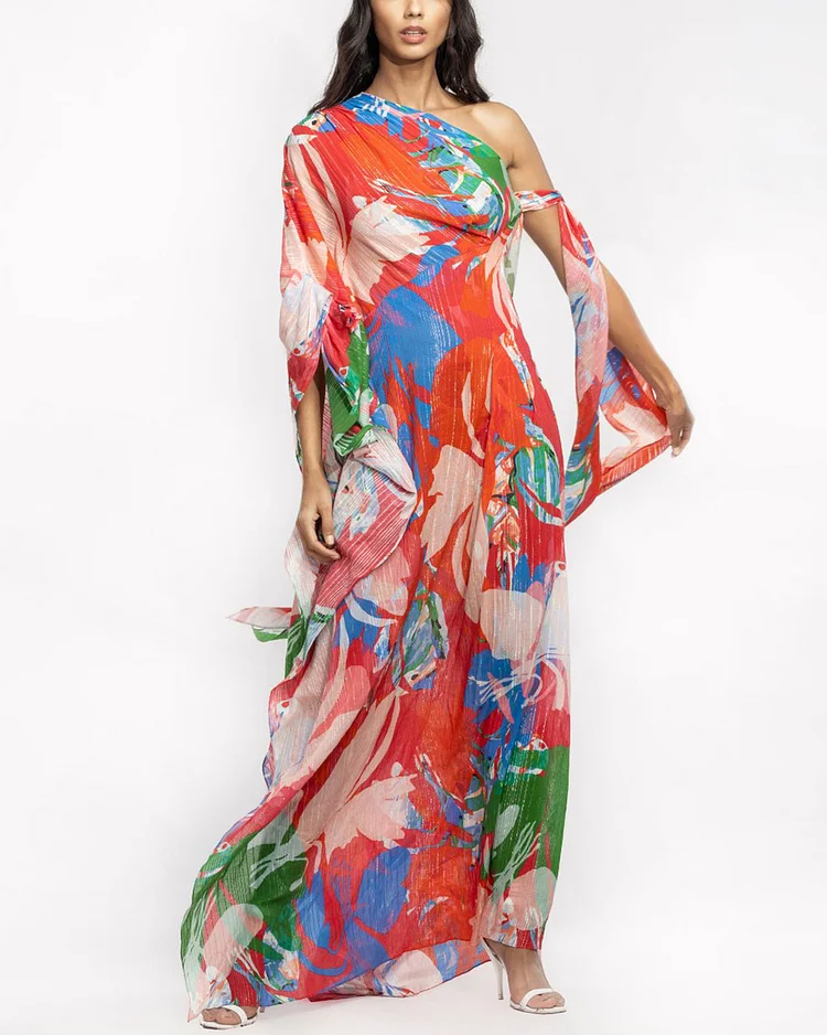 Cotton Lurex Printed One Shoulder Kaftan