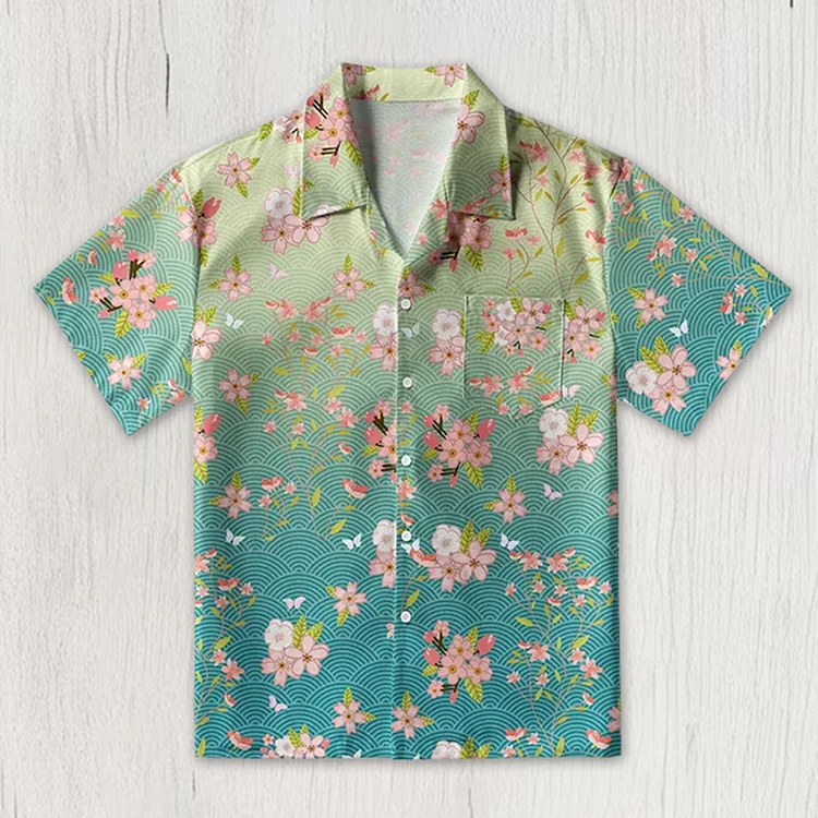 Simpfit Herrenhemd mit Sakura-Blüten-Wellen und Aloha-Hawaii-Kunstdruck