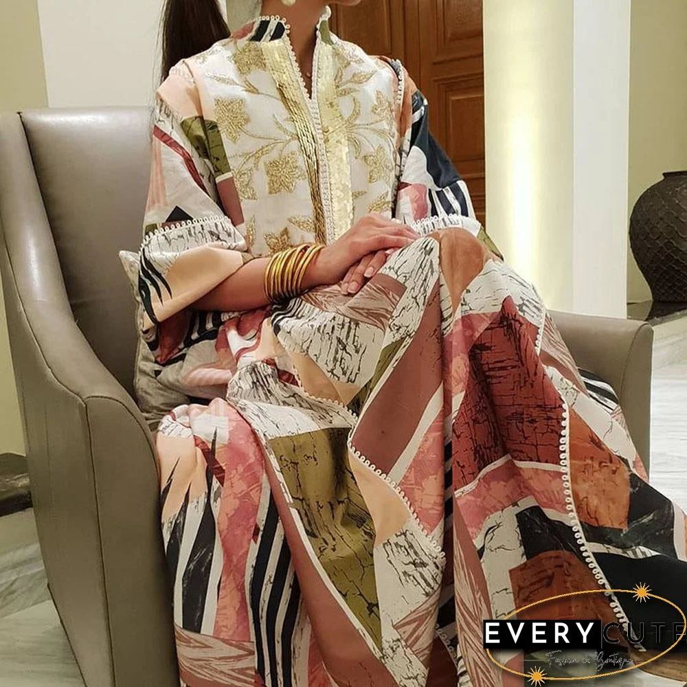 Stand Collar Printed Maxi Dress