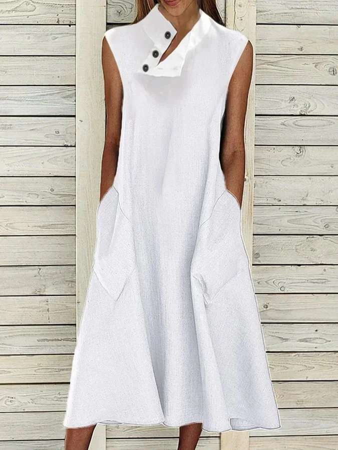 Women's High Neck Pocket Cotton Linen Fashion Dress