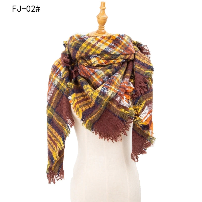Hot Factory Direct Supply Autumn And Winter New Thickened Warm Circle Yarn Bristle Plaid Square Scarf For Women