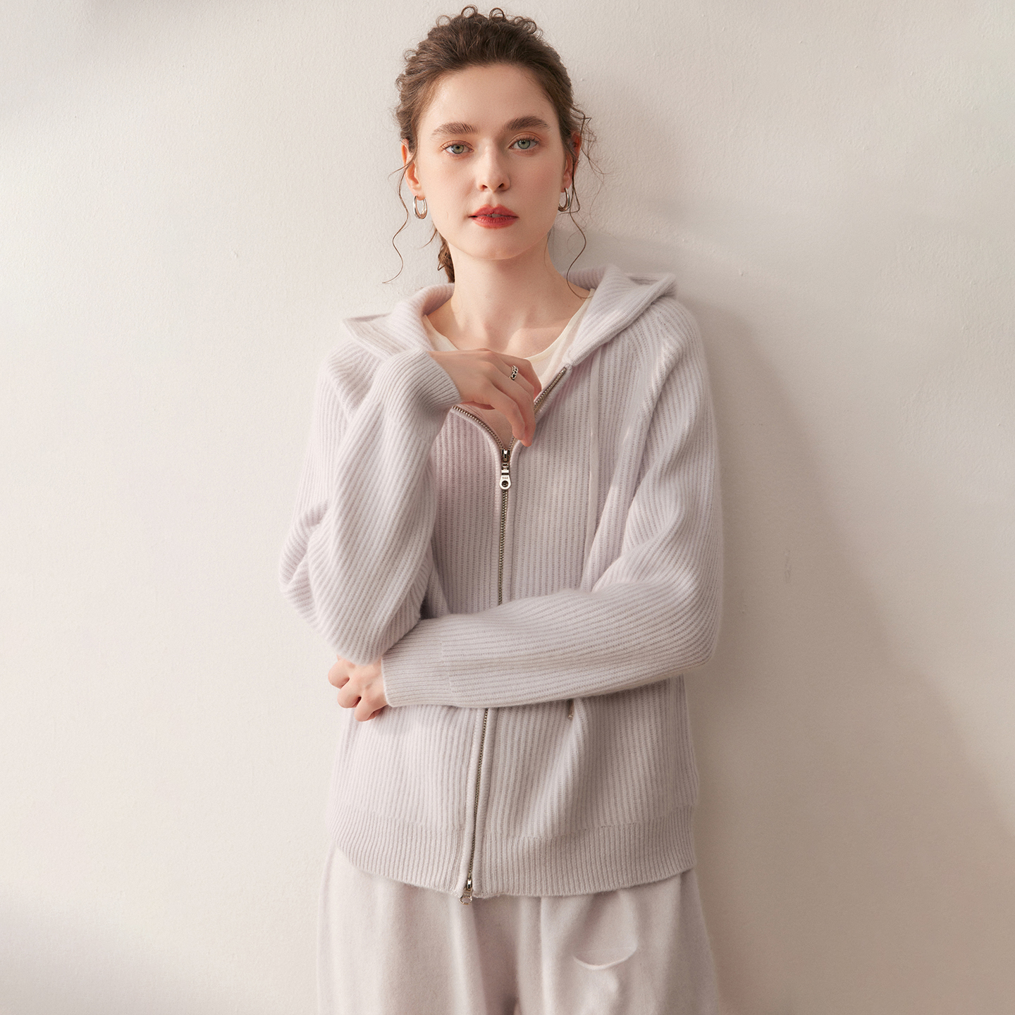Women's Dual-Zip Cashmere Hooded Cardigan REAL SILK LIFE