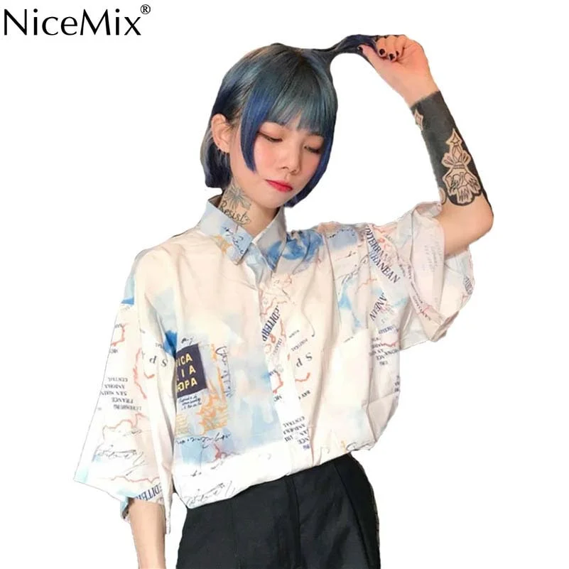 Button Up Shirt Women Summer Harajuku Blouse Short Sleeve Shirt Digtal Print Map Tops Blouses Casual Blusas Camisas Mujer 2021