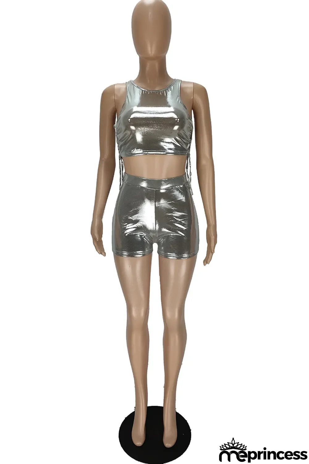 Blue Sexy Solid Bronzing Draw String O Neck Sleeveless Two Pieces