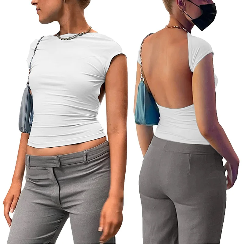 Women Sexy Short Sleeve Solid O-Neck Fashion Summer New Tees Clubwear Casual Streetwear Slim Crop Top