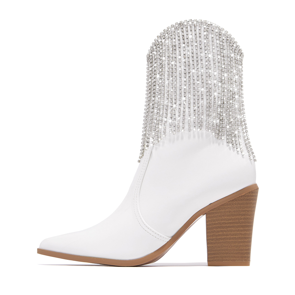 White Vegan Leather Western Ankle Boots Rhinestone Tassel Block Heel Booties