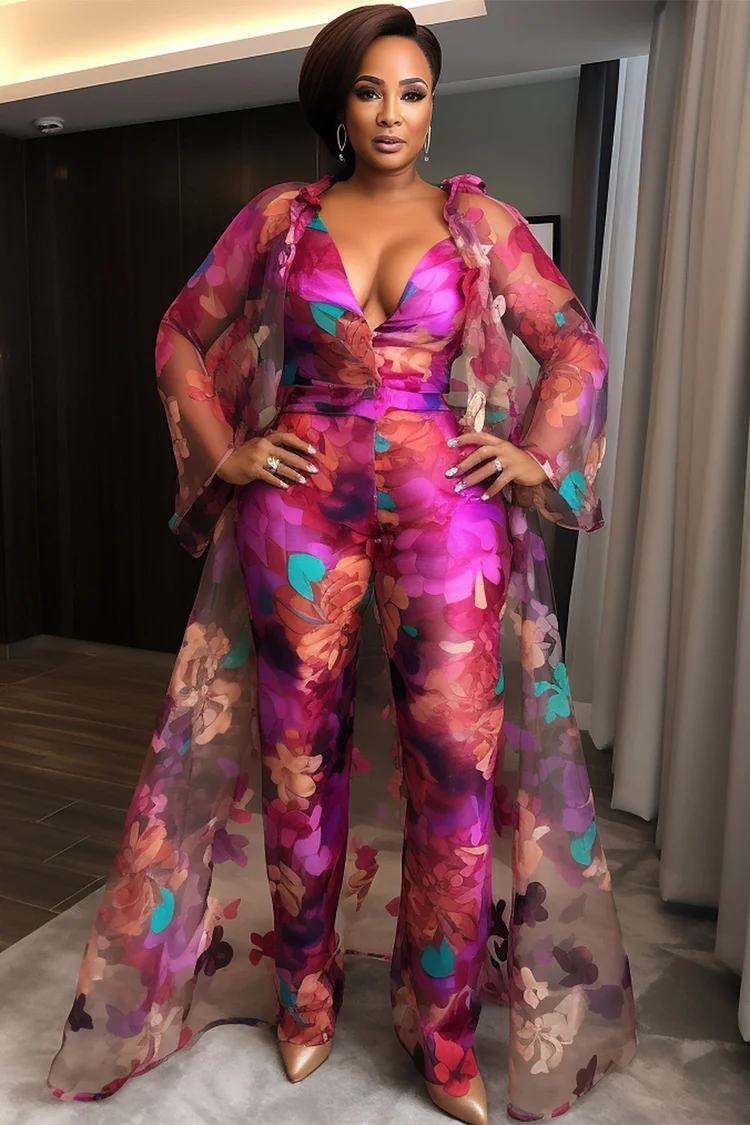 Xpluswear Design Plus Size Formal Pink Graphic V Neck Long Sleeve See Through Pocket Organza Jumpsuits Cardigan Set [Pre-Order] 2024 - Xpluswear