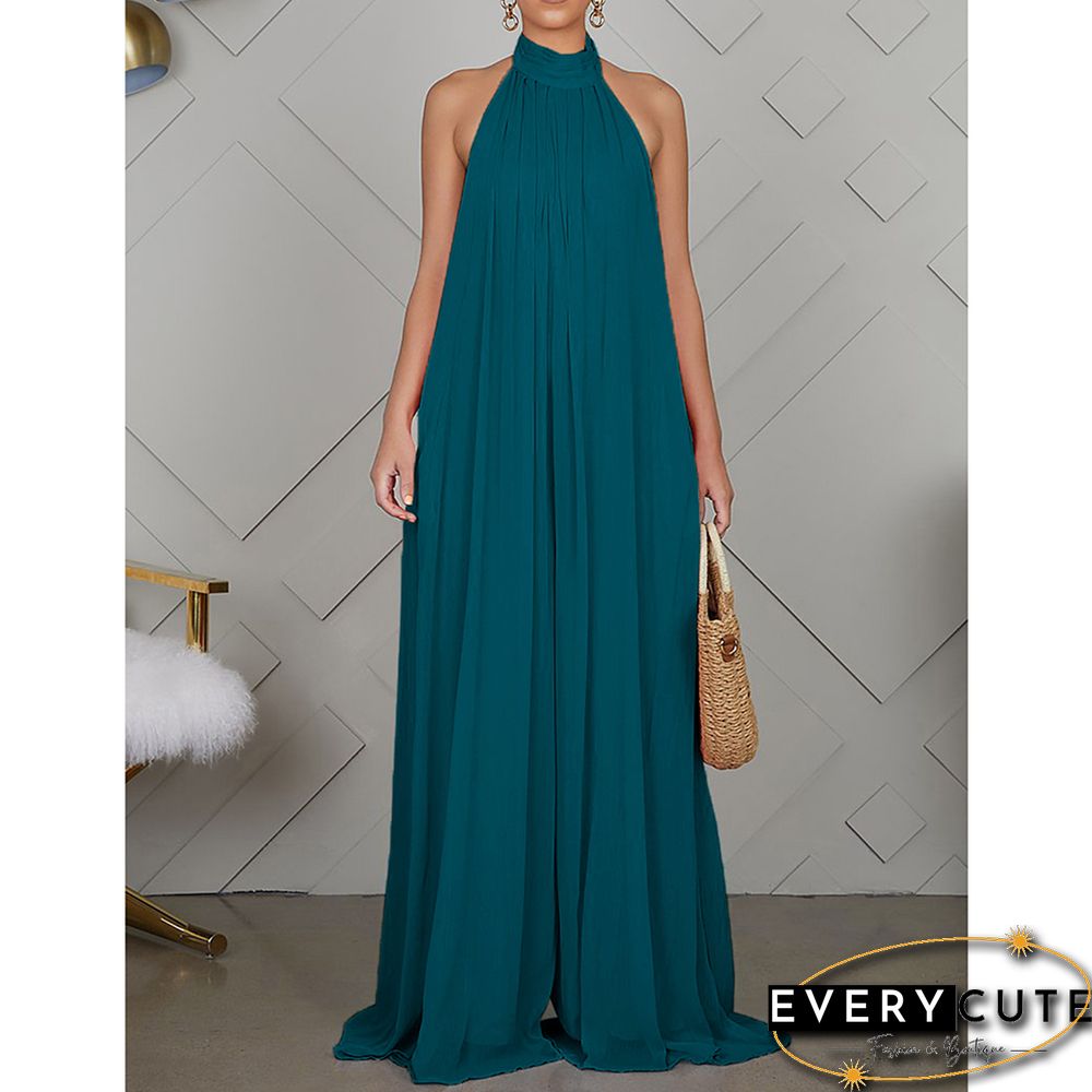 Peacock Blue Halter Neck Backless Chiffon Wide Leg Jumpsuit