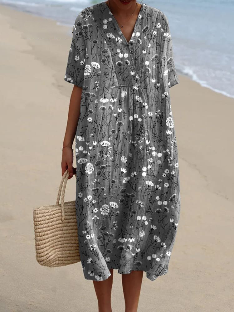 Comstylish Flower Art Print Casual V-Neck Cotton And Linen Dress